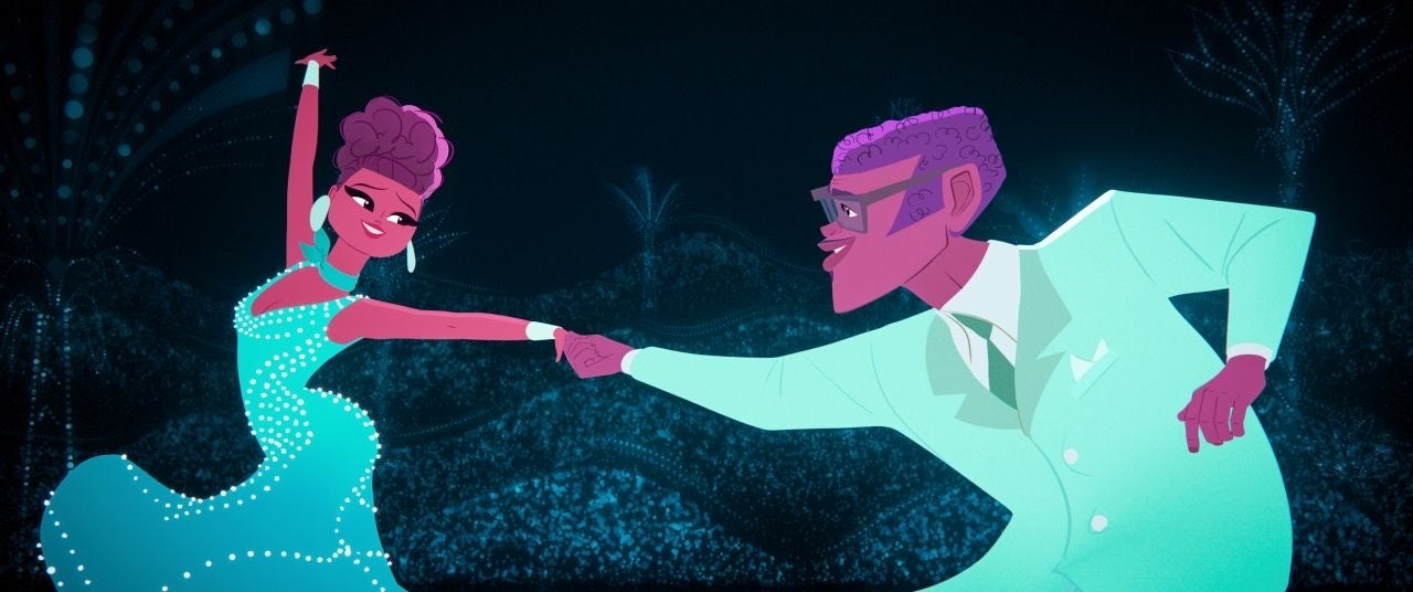 Still from Vivo of 2d animation sequence. Two characters are dancing together