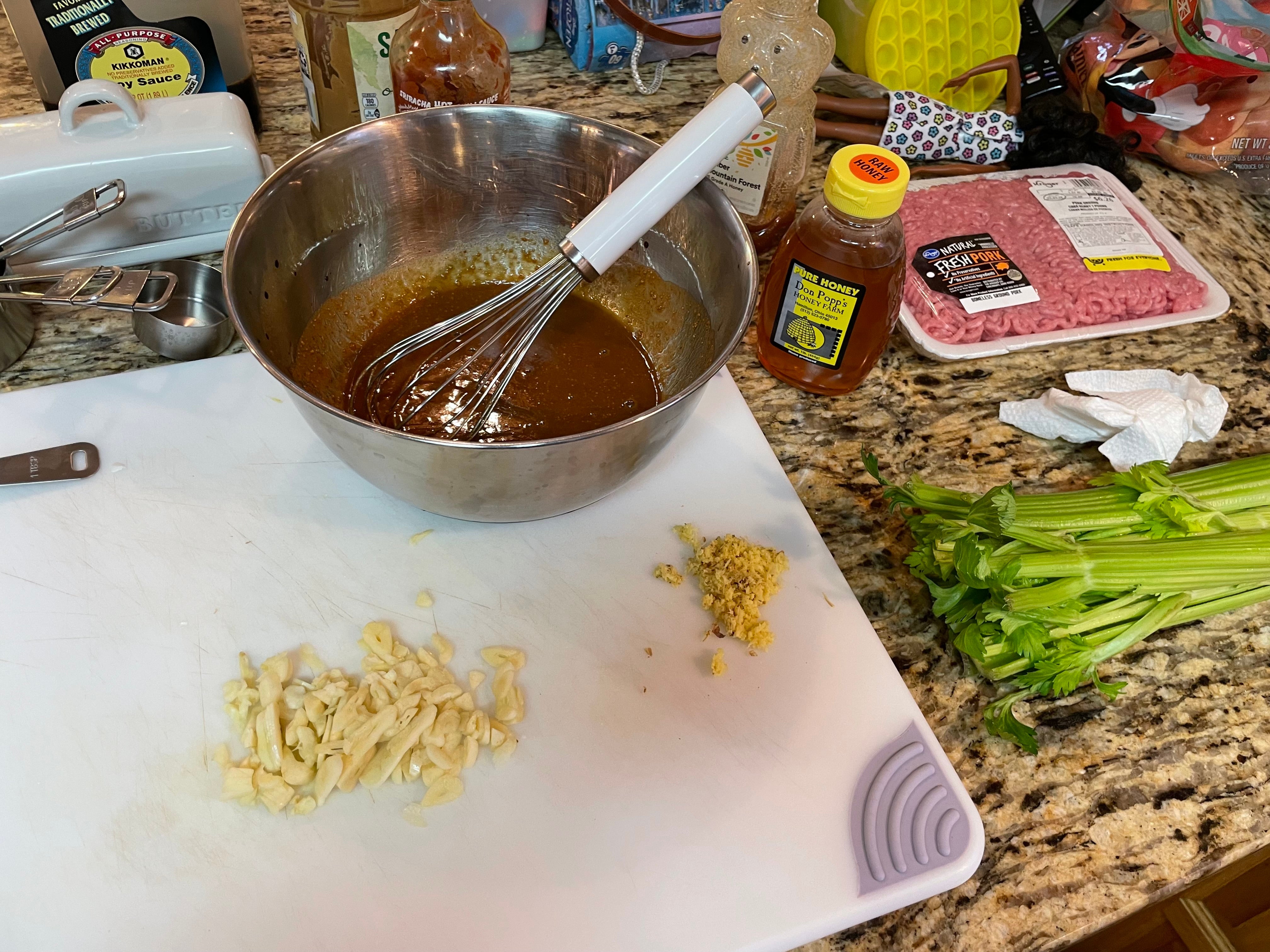 Counter covered in prepared ingredients