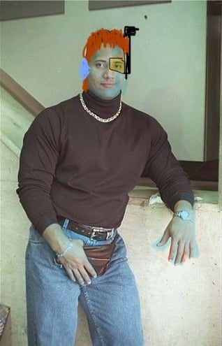 Edit of The Rock wearing a turtleneck but with edits to give him fish ear and blue skin and eye camera