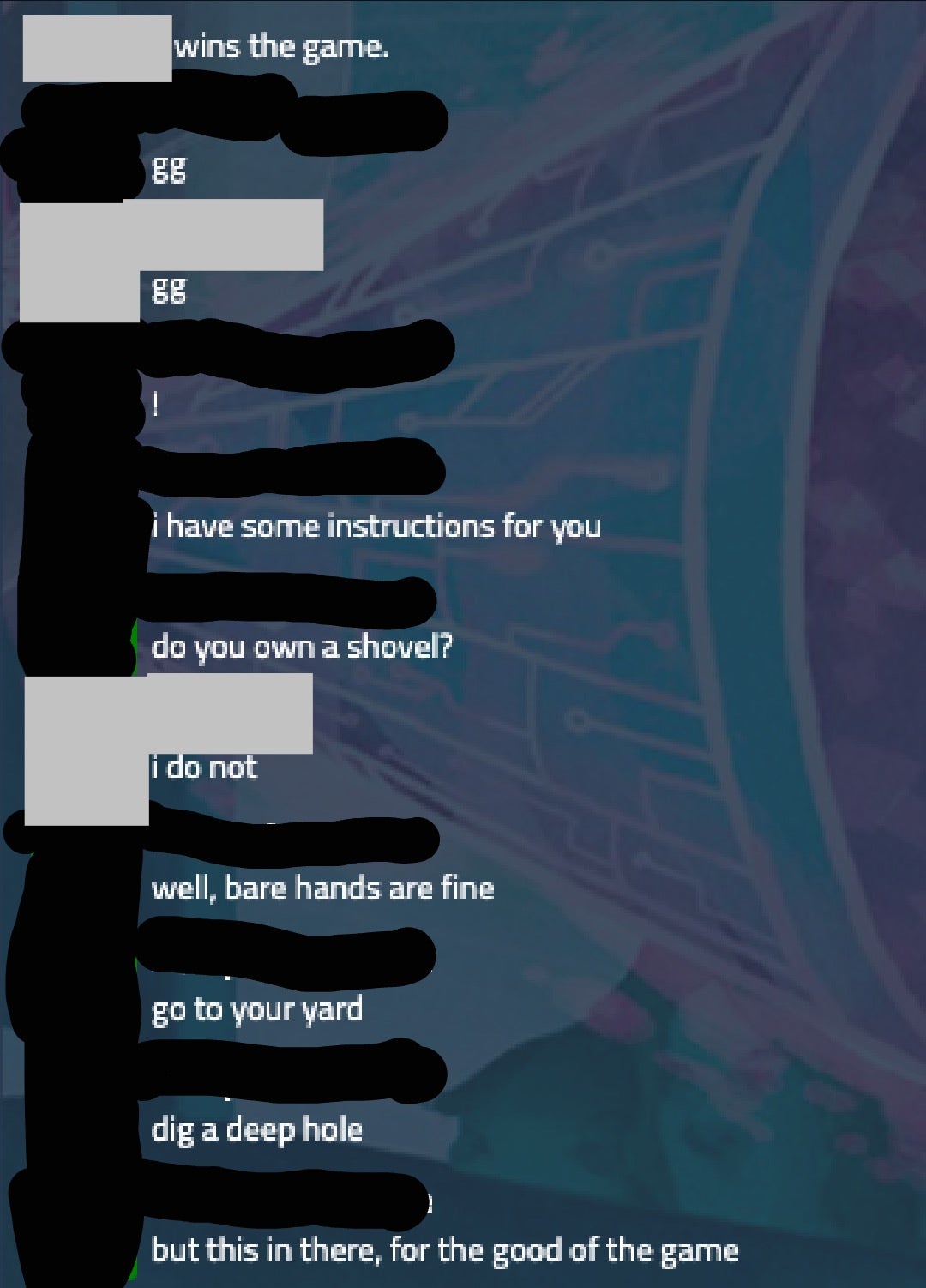 Jnet chat, both players say gg. P2 says “i have some instructions for you. do you own a shovel?” P1: “i do not” P2: “well, bare hands are fine. go to your yard. dig a deep hole. put this in there, for the good of the game.”