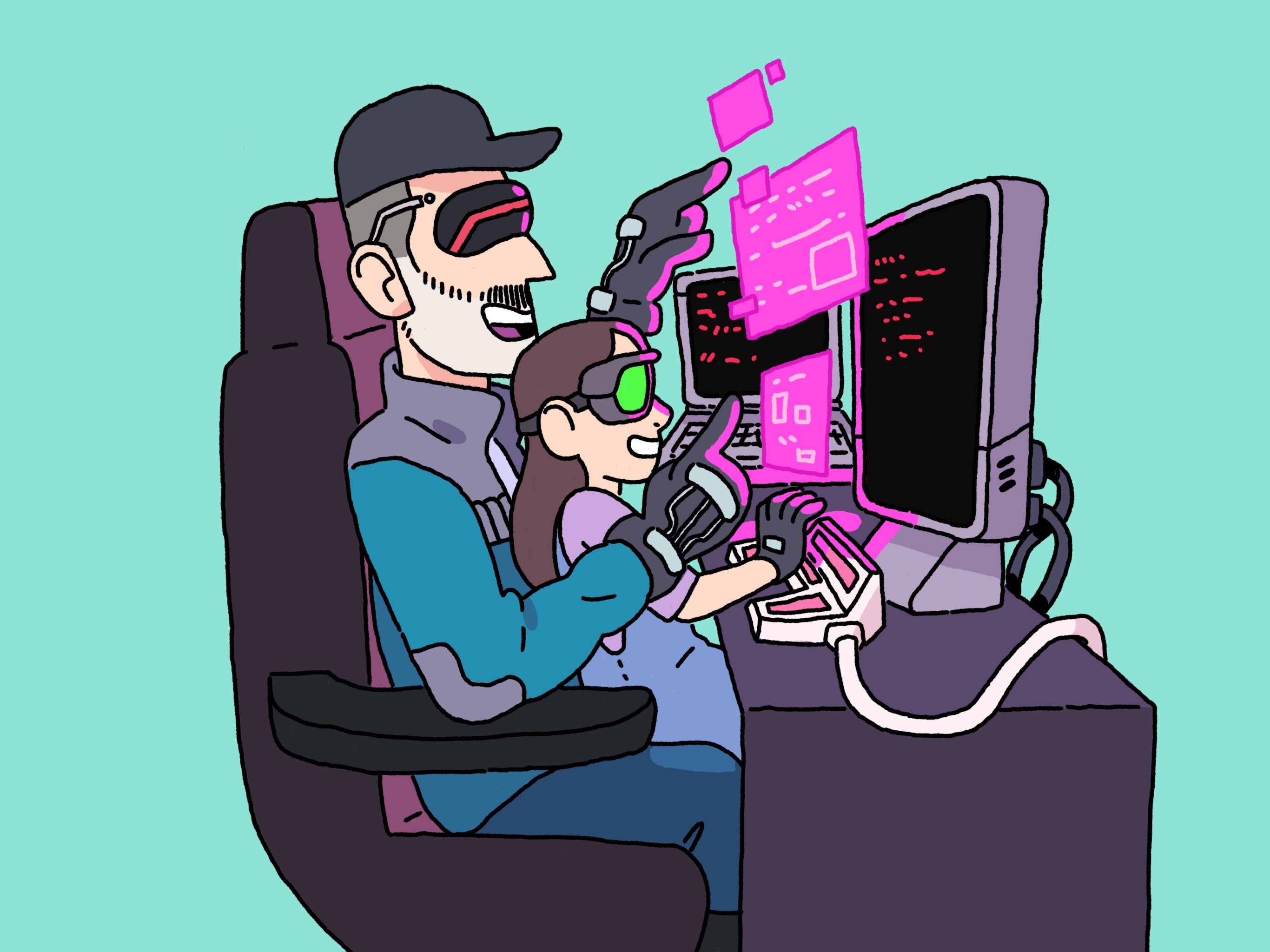 A man with a grey beard with cool goggles and a black sits at a computer. A small girl sits in his lap. The computer has futuristic holograms in front of the screen, which light up the girls face.
