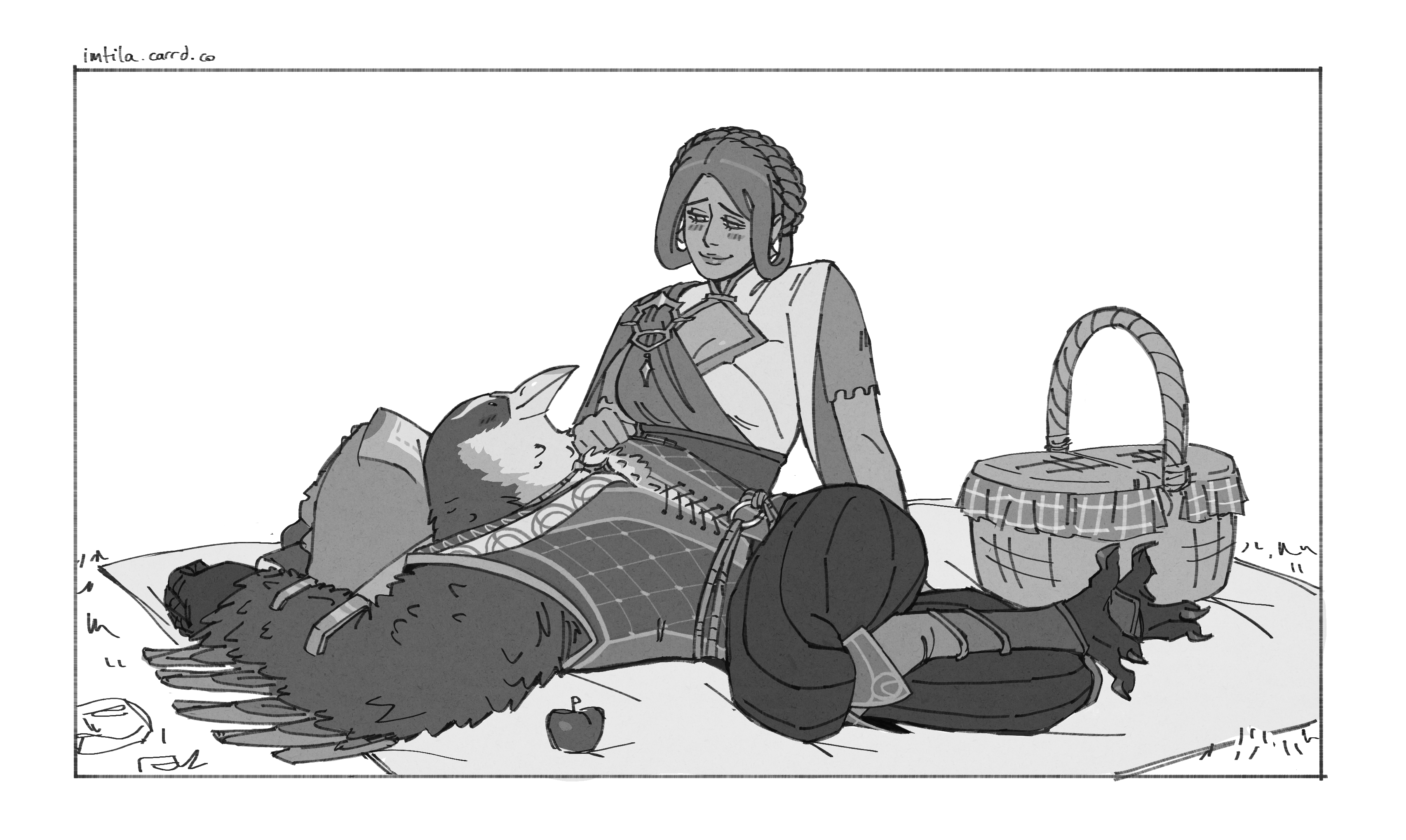 isla (a human) & karn (obrun, a bird person) having a picnic. isla is sitting with legs outstretched, karn is laying on her back with her head in isla's lap. they're both looking at each other in adoration.