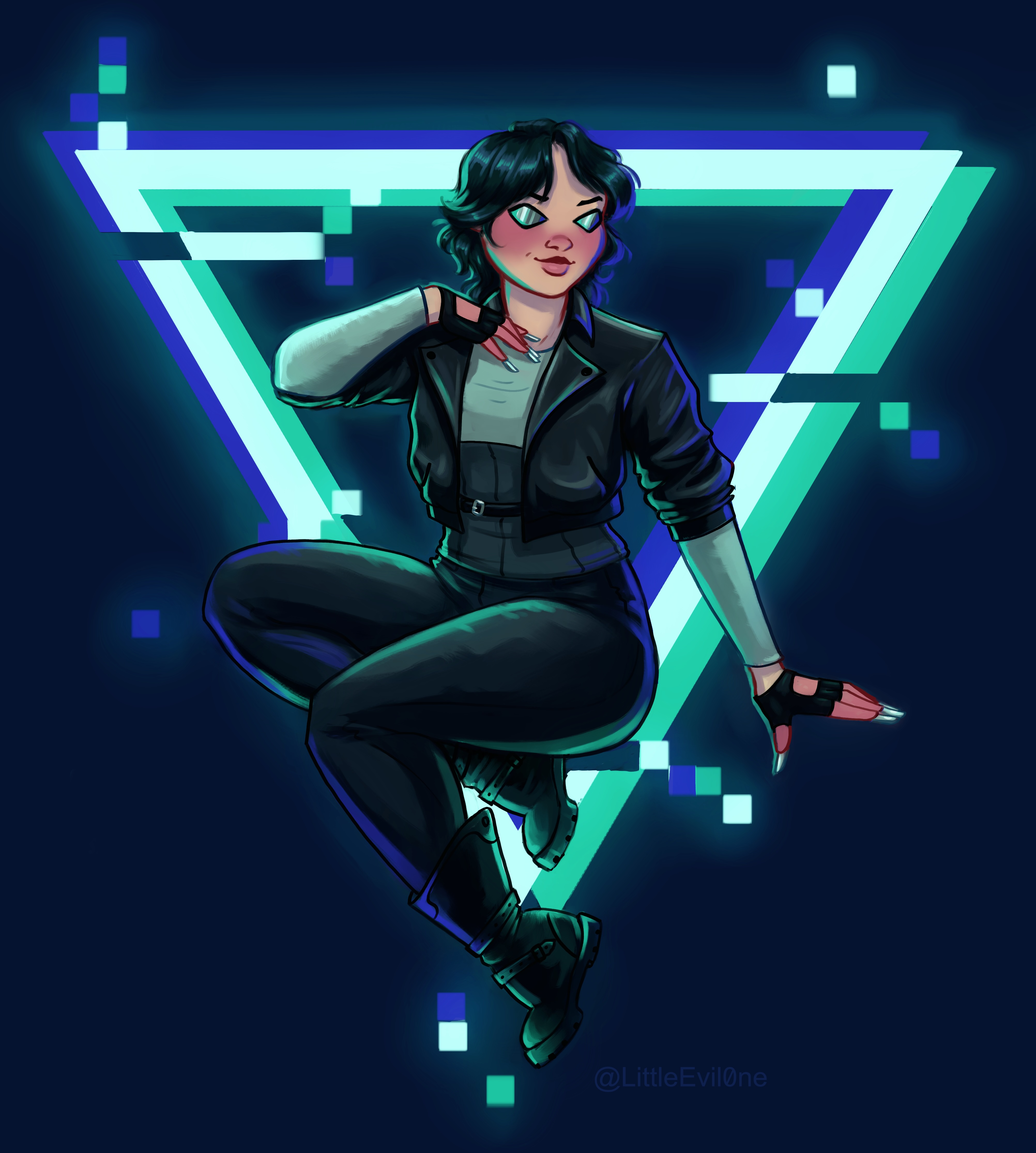 molly millions from william gibson's the sprawl trilogy doing a seated pin-up pose a blue background with a downward white triangle (with glitches) in the center. over that is a white woman sitting/floating in a pin-up pose, legs to her right, her left hand down to the left, her right hand tilted towards her chest. she has black shaggy hair, silver inset lenses covering her eyes, black jacket over grey shirt, black shiny pants, black boots. she has gloves on and blades extending from her fingertips. she's smirking.